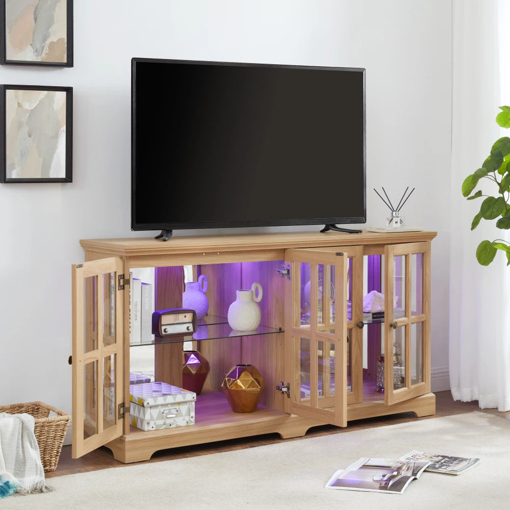LED Curio Display Cabinet: Glass Doors, Adjustable Shelves, 4-Door OAK for Home/Office