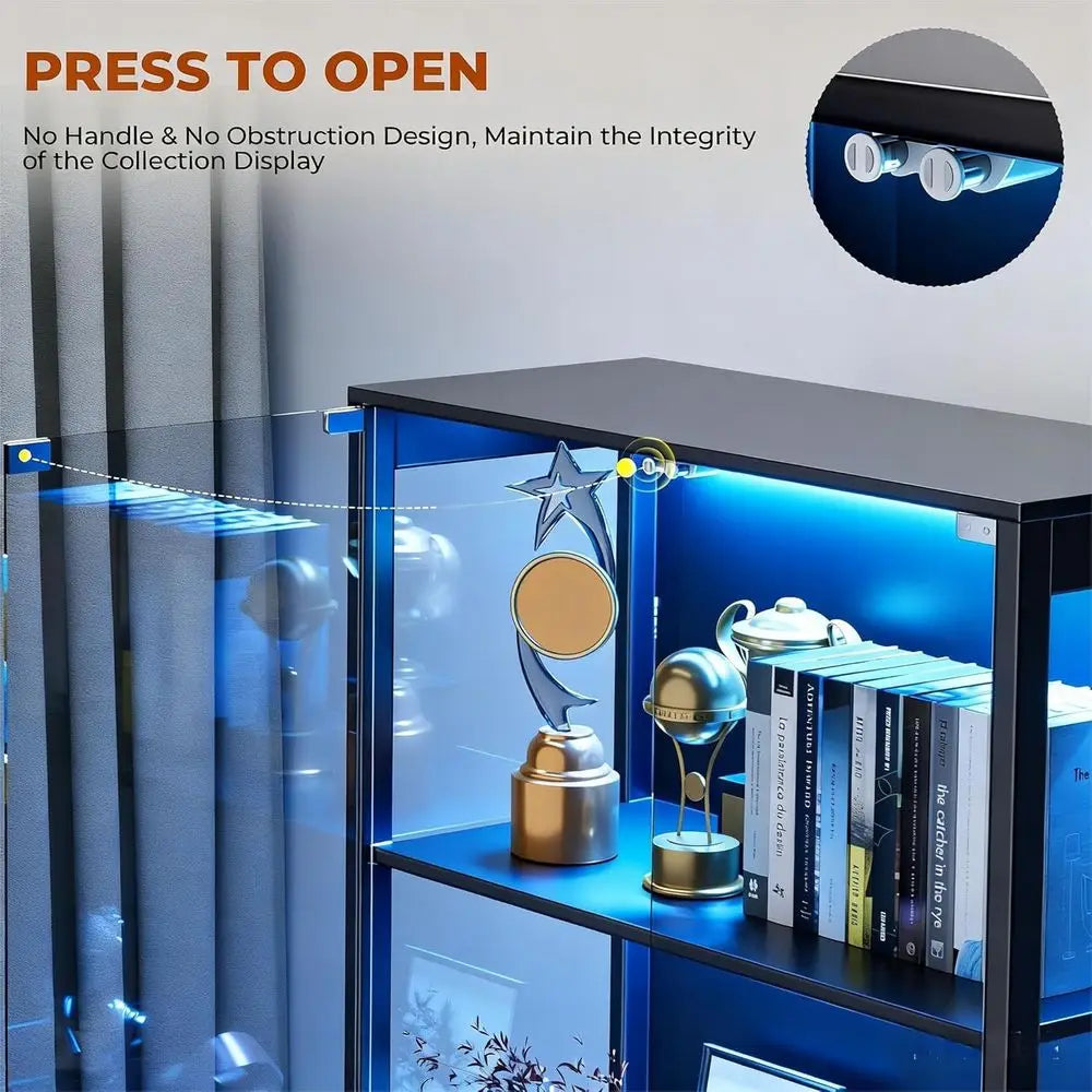 Glass-Door Display Cabinet with 3 LED Lights and Motion Sensor, 4-Shelf Black Bookcase Storage Cabinet