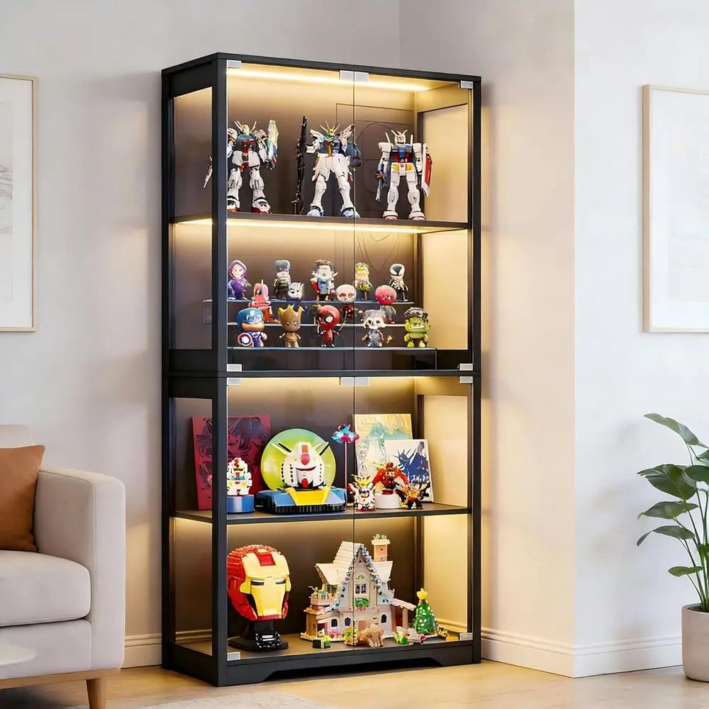 Glass-Door Display Cabinet with 3 LED Lights and Motion Sensor, 4-Shelf Black Bookcase Storage Cabinet