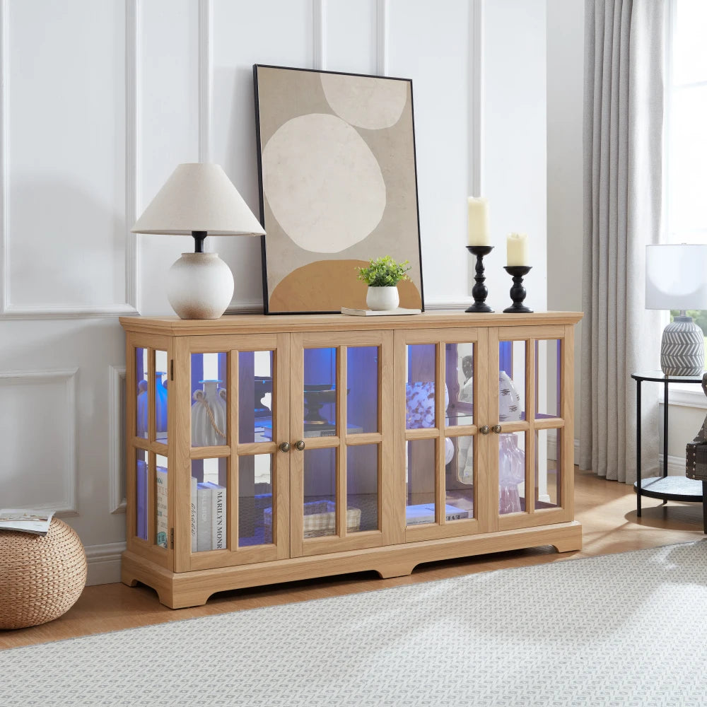LED Curio Display Cabinet: Glass Doors, Adjustable Shelves, 4-Door OAK for Home/Office