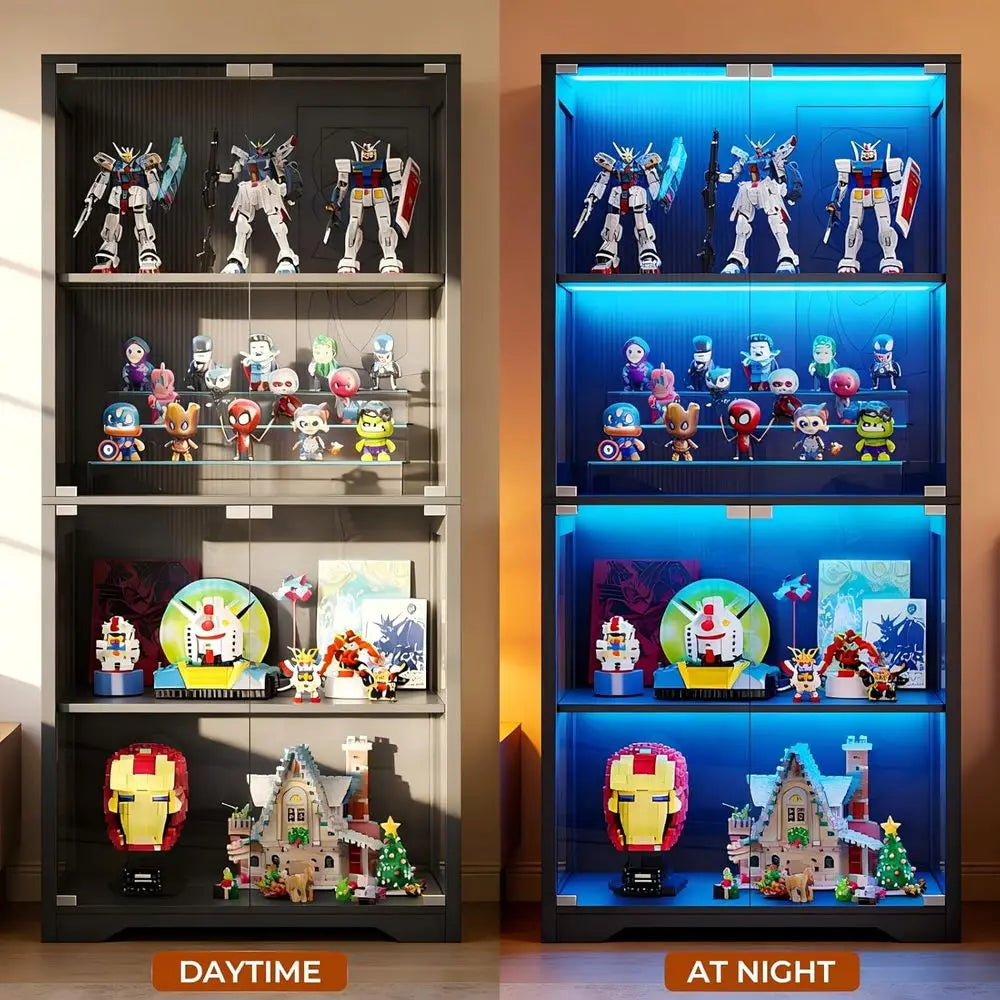 Glass-Door Display Cabinet with 3 LED Lights and Motion Sensor, 4-Shelf Black Bookcase Storage Cabinet