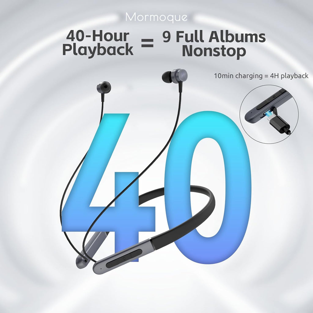 MORMOQUE Neckband Bluetooth Headphones,Wireless Earbuds with Magnetic Switch,Built-in Microphone Earphone,40H Playtime,ENC+IPX5 Waterproof HD Bass,for Sports/Running/Gym/Travel,Compatible iOS/Android