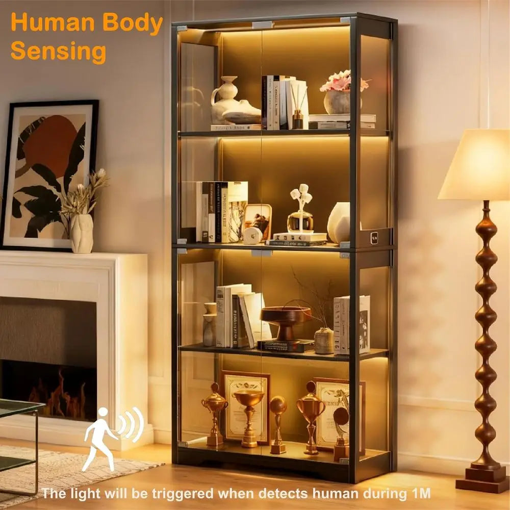 Glass-Door Display Cabinet with 3 LED Lights and Motion Sensor, 4-Shelf Black Bookcase Storage Cabinet